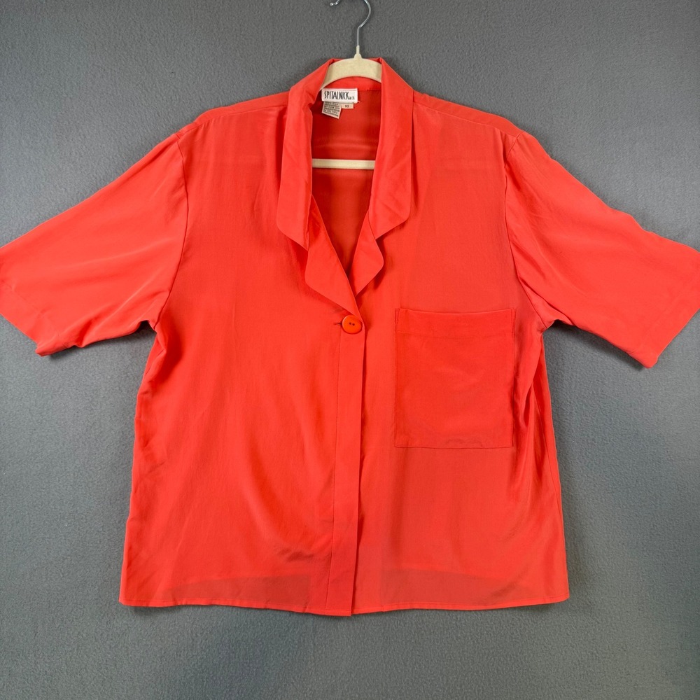 Spitalnick & Co Vintage 100% Silk Blouse Coral Orange Short Sleeve Shirt Size 10